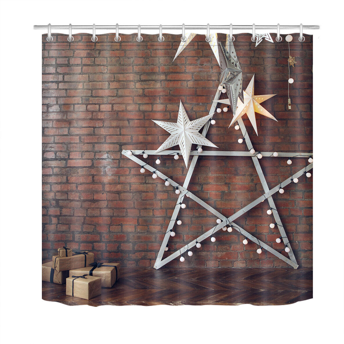 Christmas Stars Shower Curtain Rustic Brick Wall Bathroom Decorations