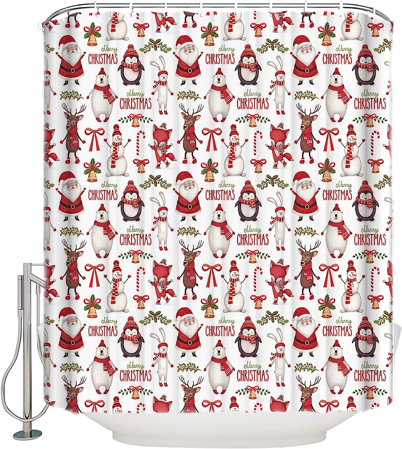 Christmas Themed Santa Penguin And Polar Bear Shower Curtain For Fun Bathroom Decor