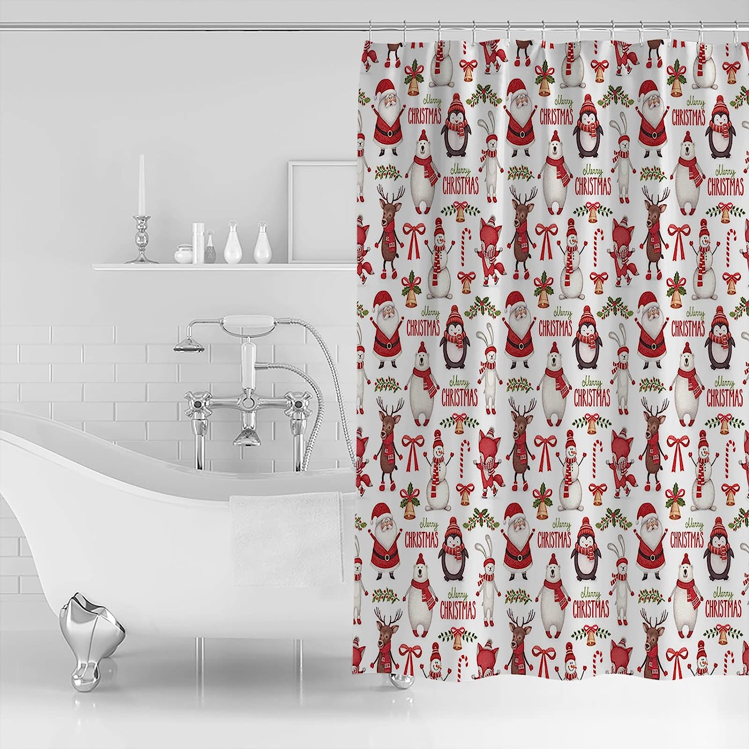 Christmas Themed Santa Penguin And Polar Bear Shower Curtain For Fun Bathroom Decor - Image 2
