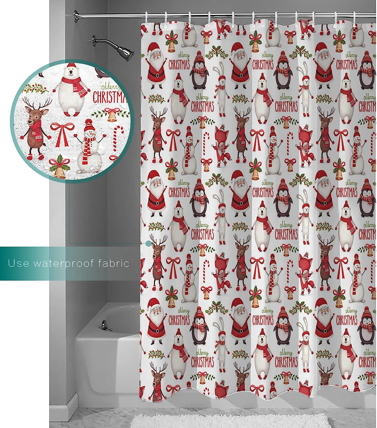 Christmas Themed Santa Penguin And Polar Bear Shower Curtain For Fun Bathroom Decor - Image 3