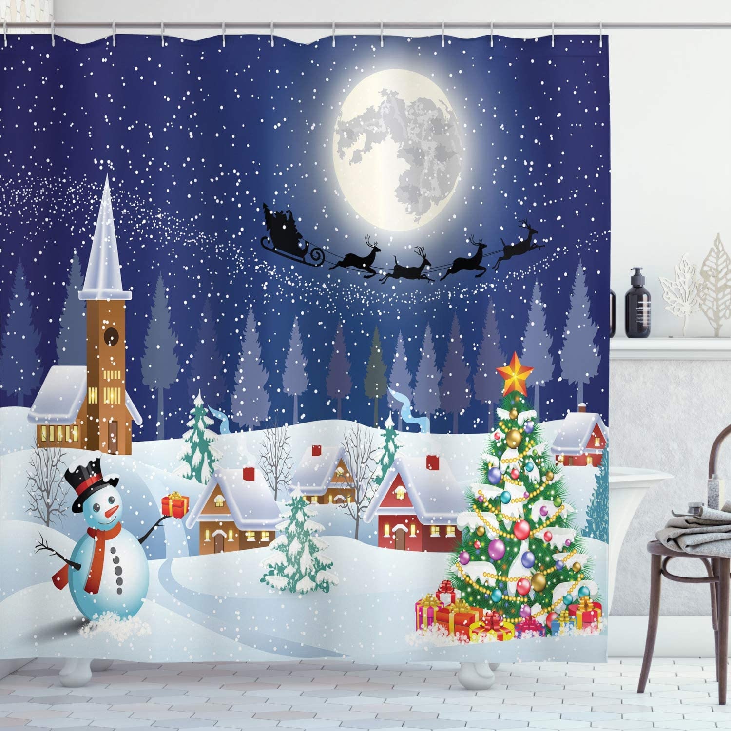 Christmas Tree Boxes Snow Print Waterproof Cloth Fabric Bathroom Decors Shower Curtain For Festive Bathroom Decor
