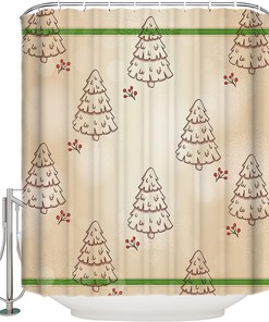 Christmas Tree Shower Curtain - Berry Snowflake Rustic Brown Stripes Waterproof Fabric Bathroom Accessory