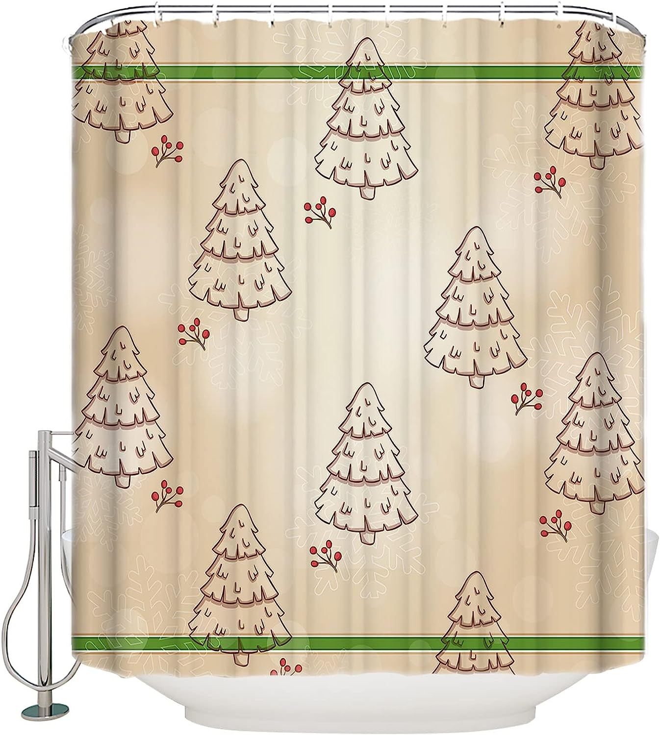 Christmas Tree Shower Curtain - Berry Snowflake Rustic Brown Stripes Waterproof Fabric Bathroom Accessory