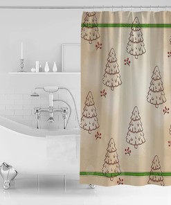 Christmas Tree Shower Curtain - Berry Snowflake Rustic Brown Stripes Waterproof Fabric Bathroom Accessory
