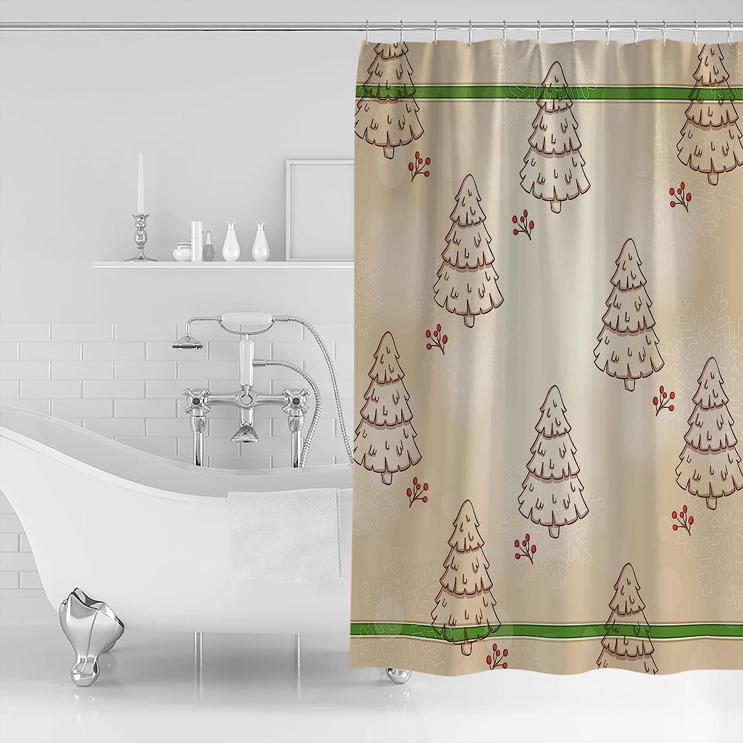Christmas Tree Shower Curtain - Berry Snowflake Rustic Brown Stripes Waterproof Fabric Bathroom Accessory