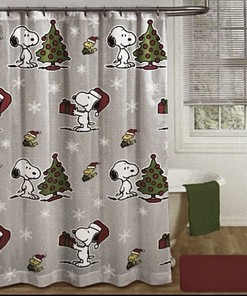 Christmas Tree Snoopy and Woodstock Shower Curtain Set - Festive Bathroom Decor