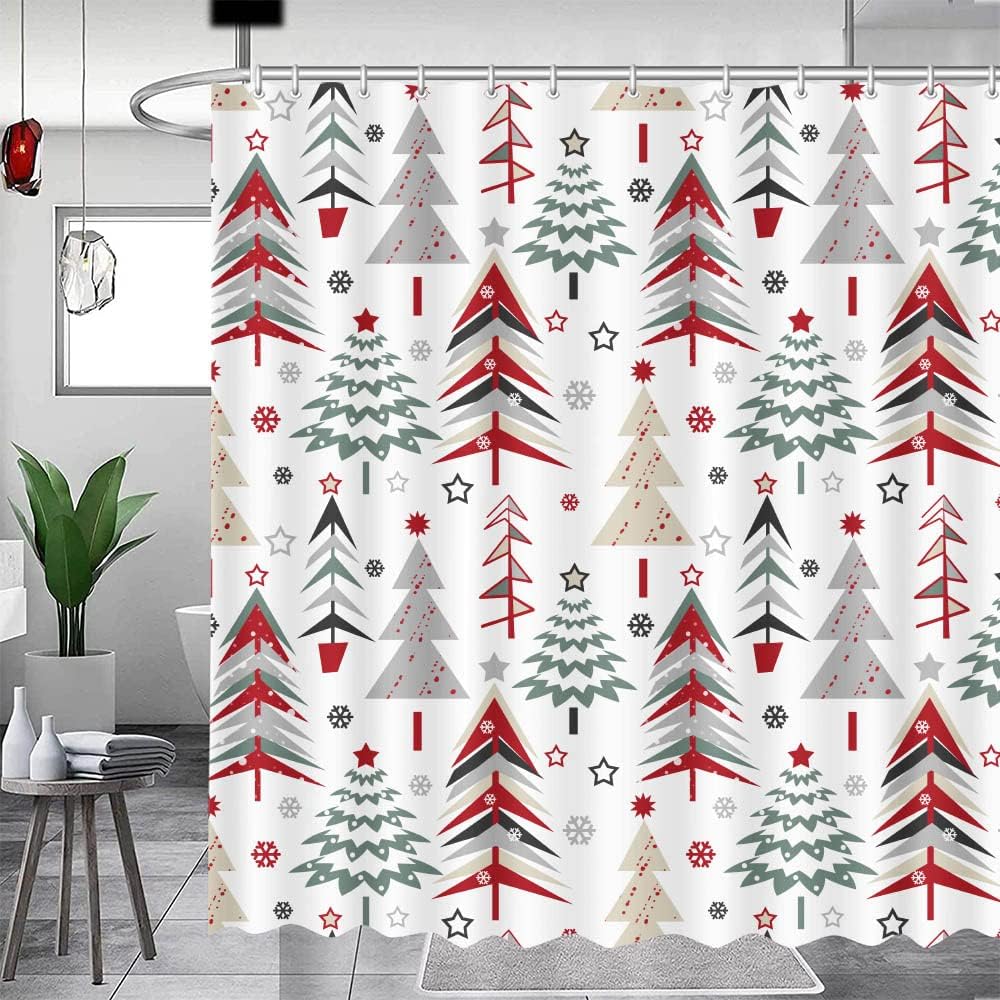 Christmas Tree Snowflake Pattern Shower Curtain for Bathroom Decor - Washable Durable Fabric Curtainmas in White