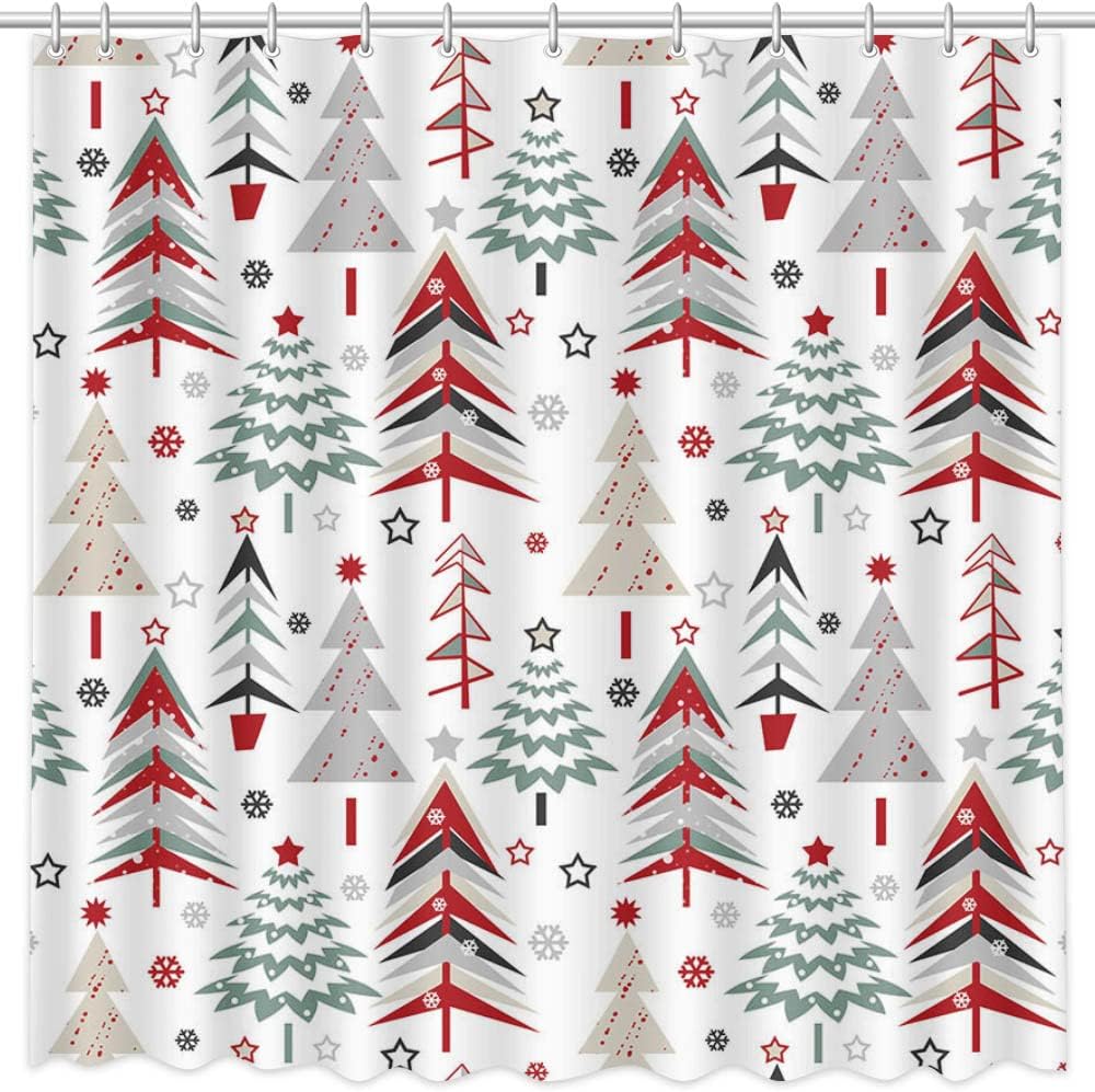Christmas Tree Snowflake Pattern Shower Curtain for Bathroom Decor - Washable Durable Fabric Curtainmas in White