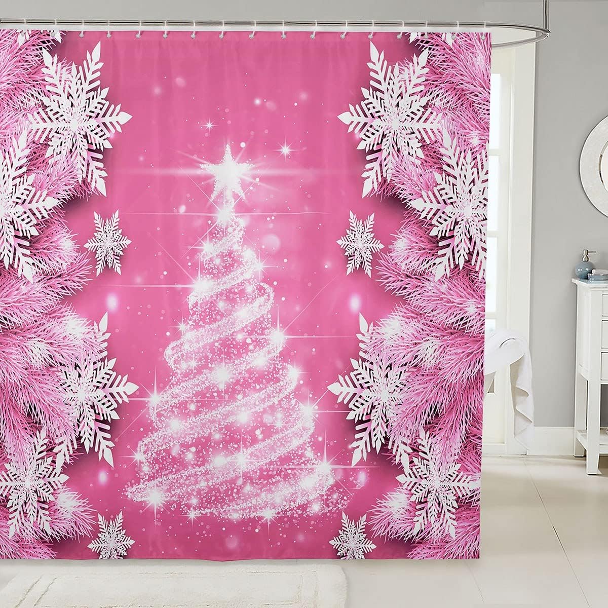 Christmas Tree Snowflake Pink Shower Curtain For Girls Bathroom Decor