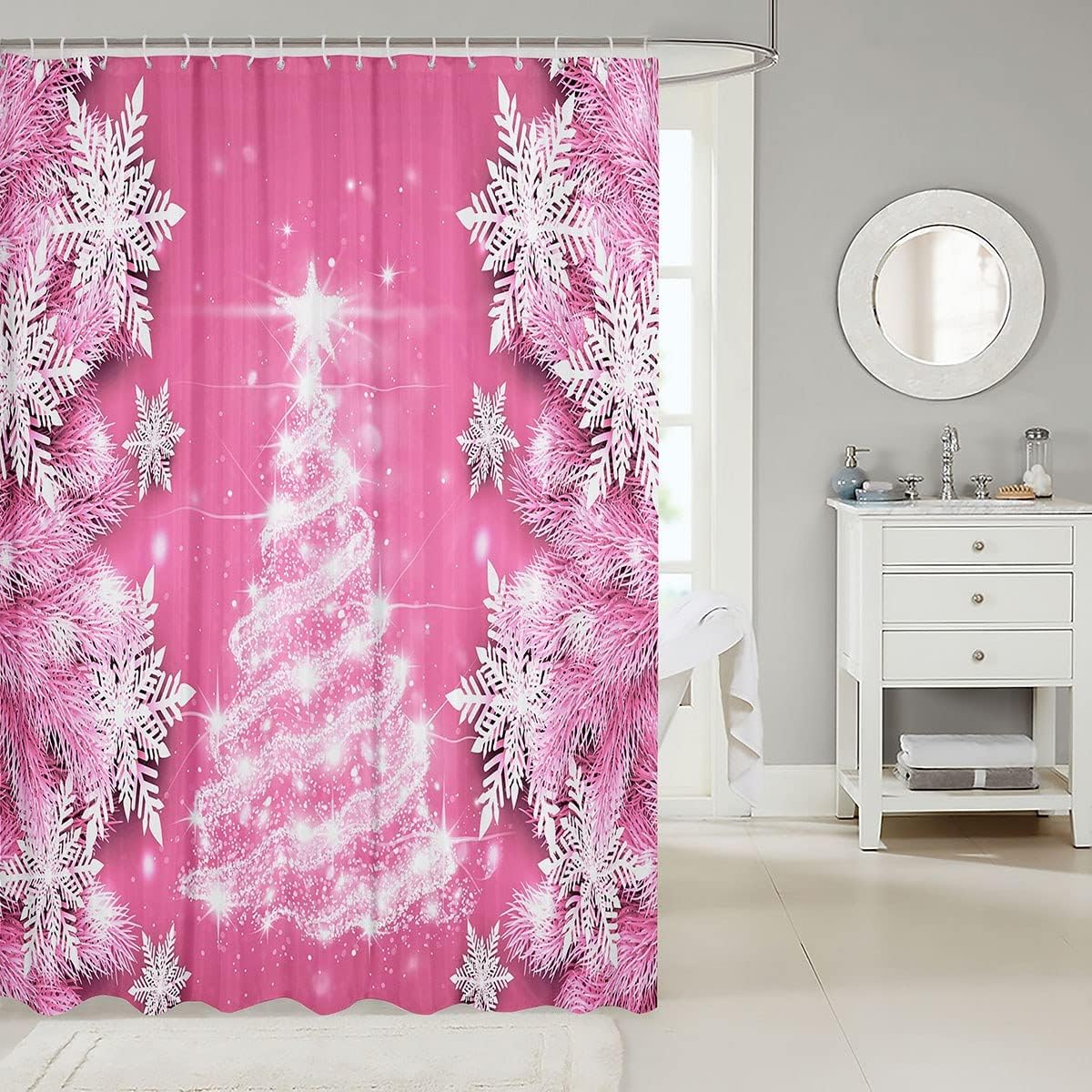 Christmas Tree Snowflake Pink Shower Curtain For Girls Bathroom Decor