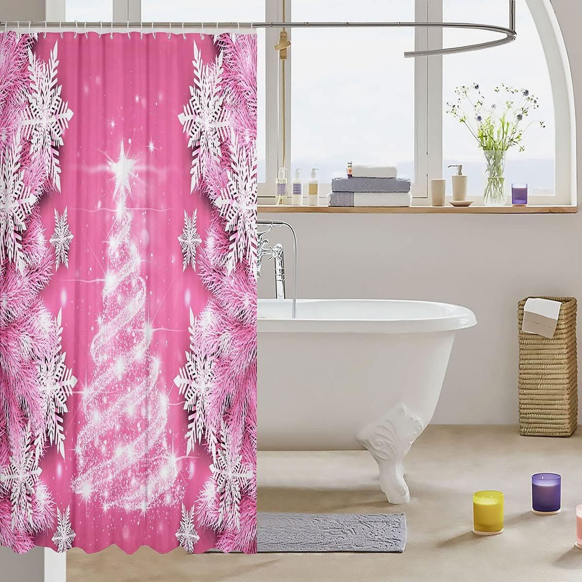 Christmas Tree Snowflake Pink Shower Curtain For Girls Bathroom Decor