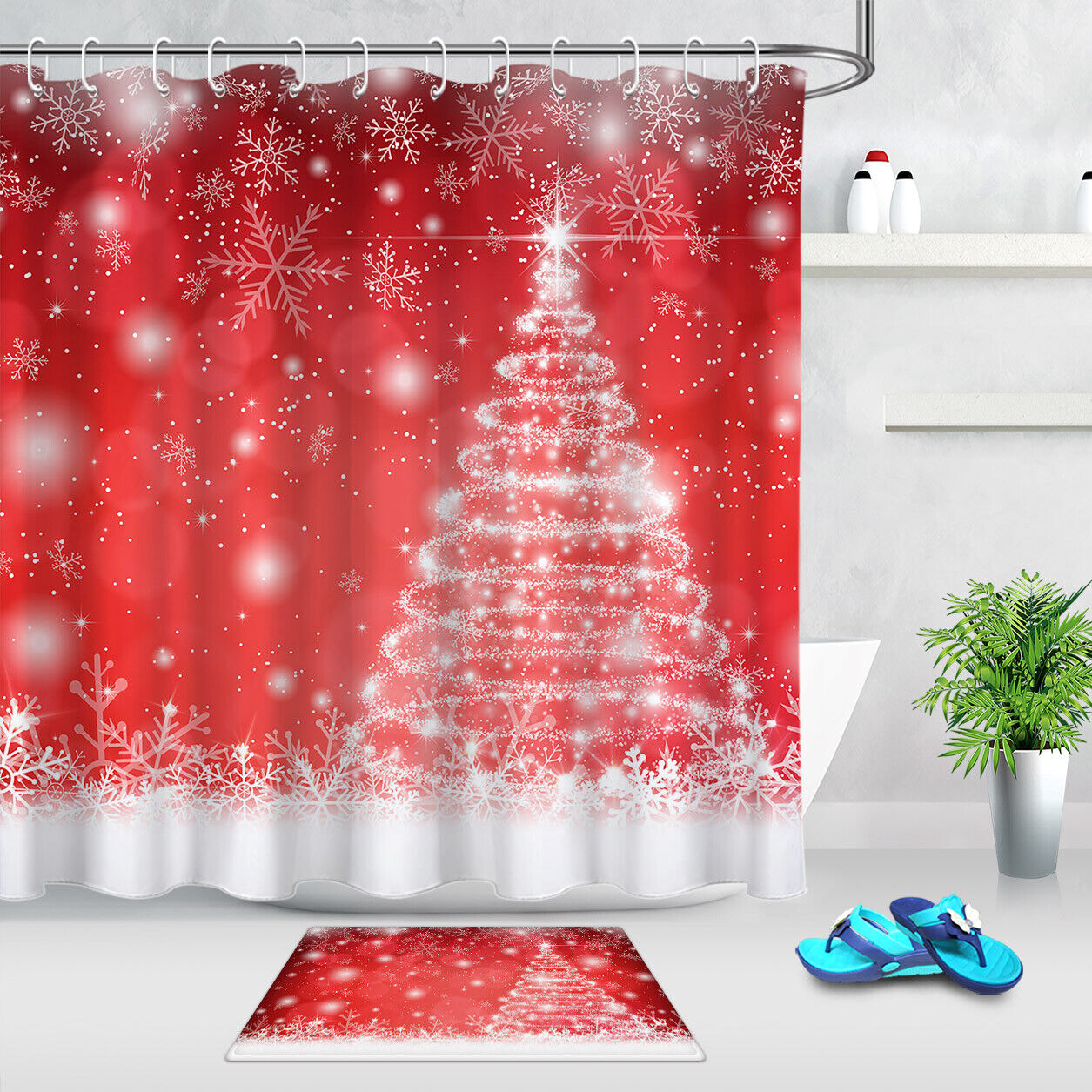 Christmas Tree Snowflakes Abstract Red Shower Curtain - Winter Decoration