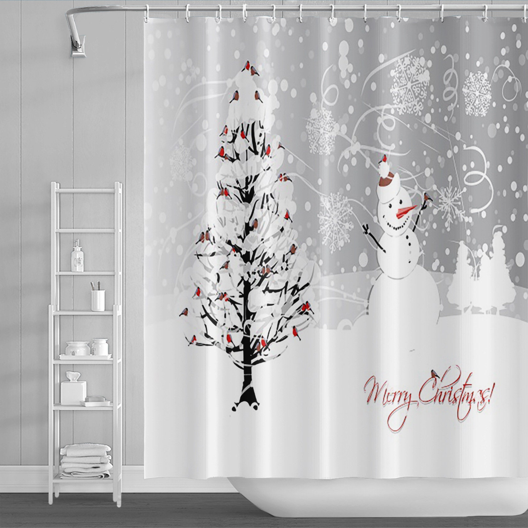 Christmas Tree Winter Snow Shower Curtain for Holiday Home Decor