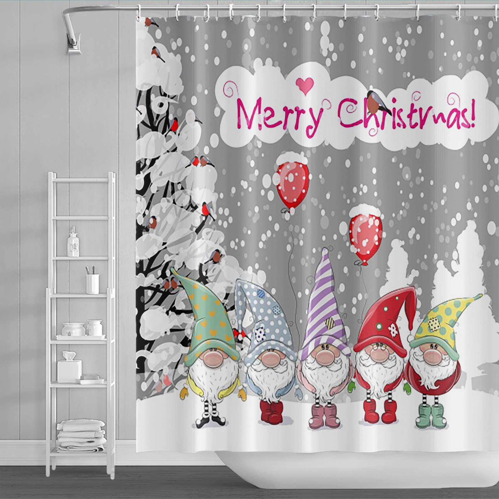Christmas Tree Winter Snow Shower Curtain for Holiday Home Decor