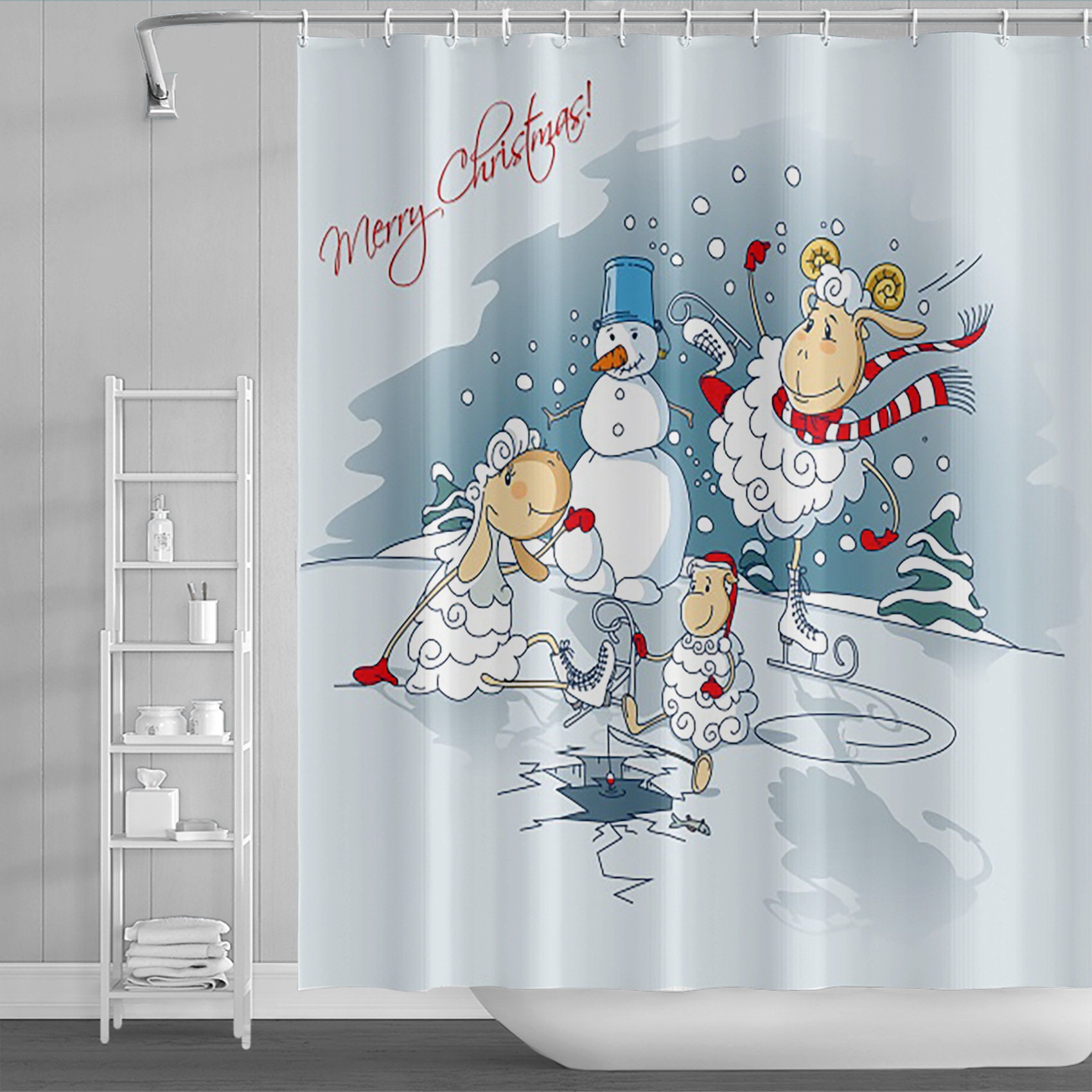 Christmas Tree Winter Snow Shower Curtain for Holiday Home Decor