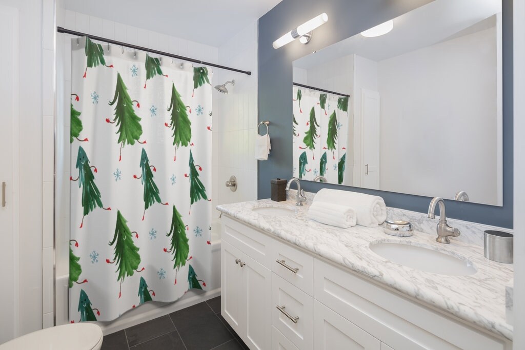Christmas Trees And Snowflakes Shower Curtain For Festive Bathroom Decor