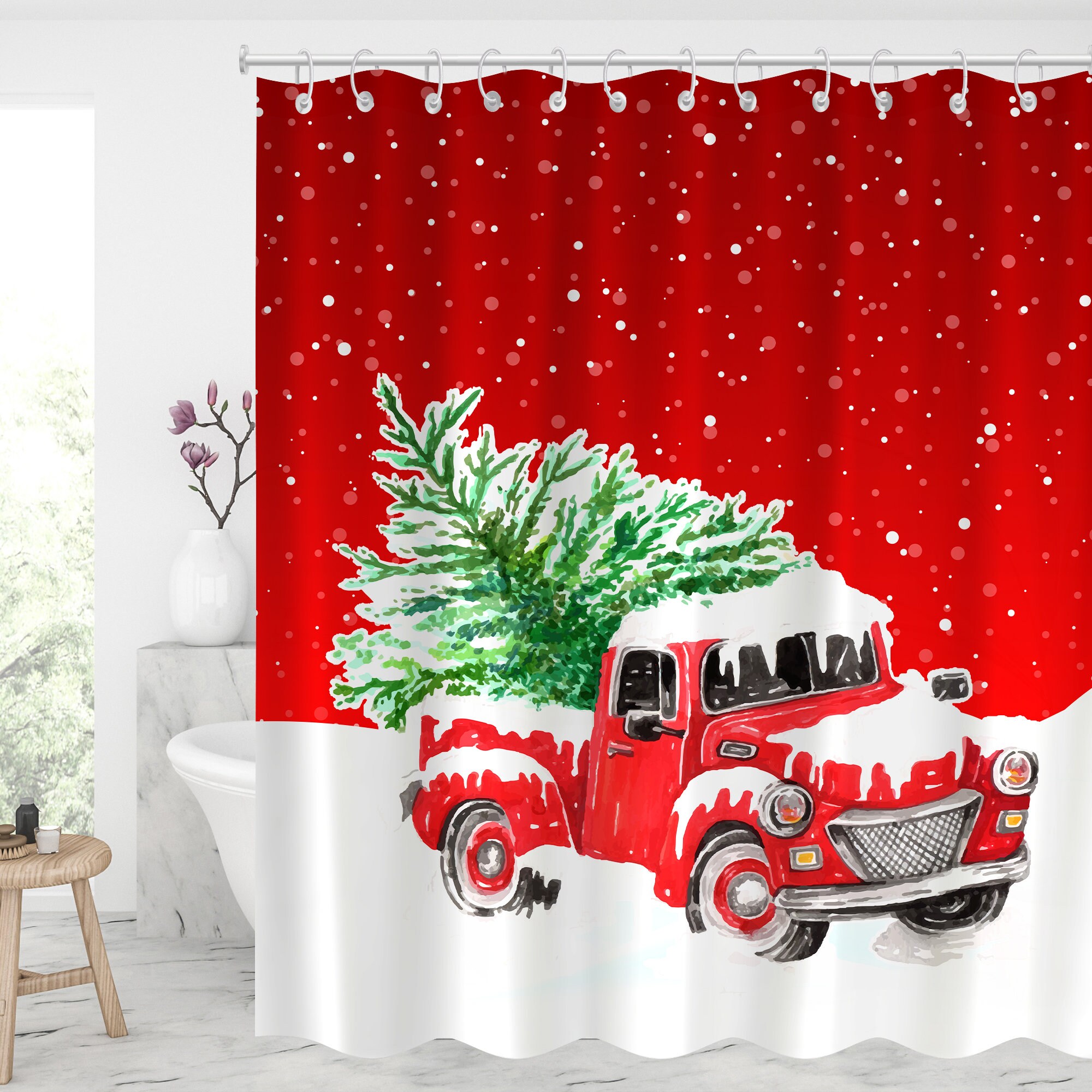 Christmas Truck Waterproof Shower Curtain - Graduation or Father's Day Gift