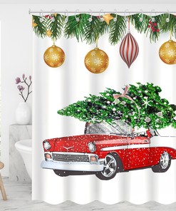 Christmas Truck Waterproof Shower Curtain - Vintage Farmhouse Bathroom Decor