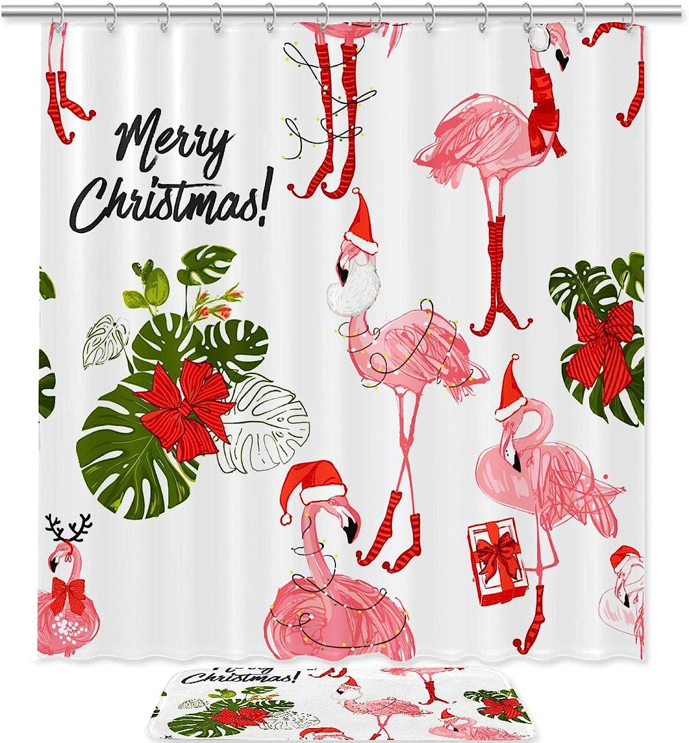 Christmas Unicorn Flamingo Bathroom Set With Waterproof Fabric Shower Curtain
