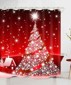 Christmas Village Shower Curtain with Red Art Print and White Star for Bathroom 