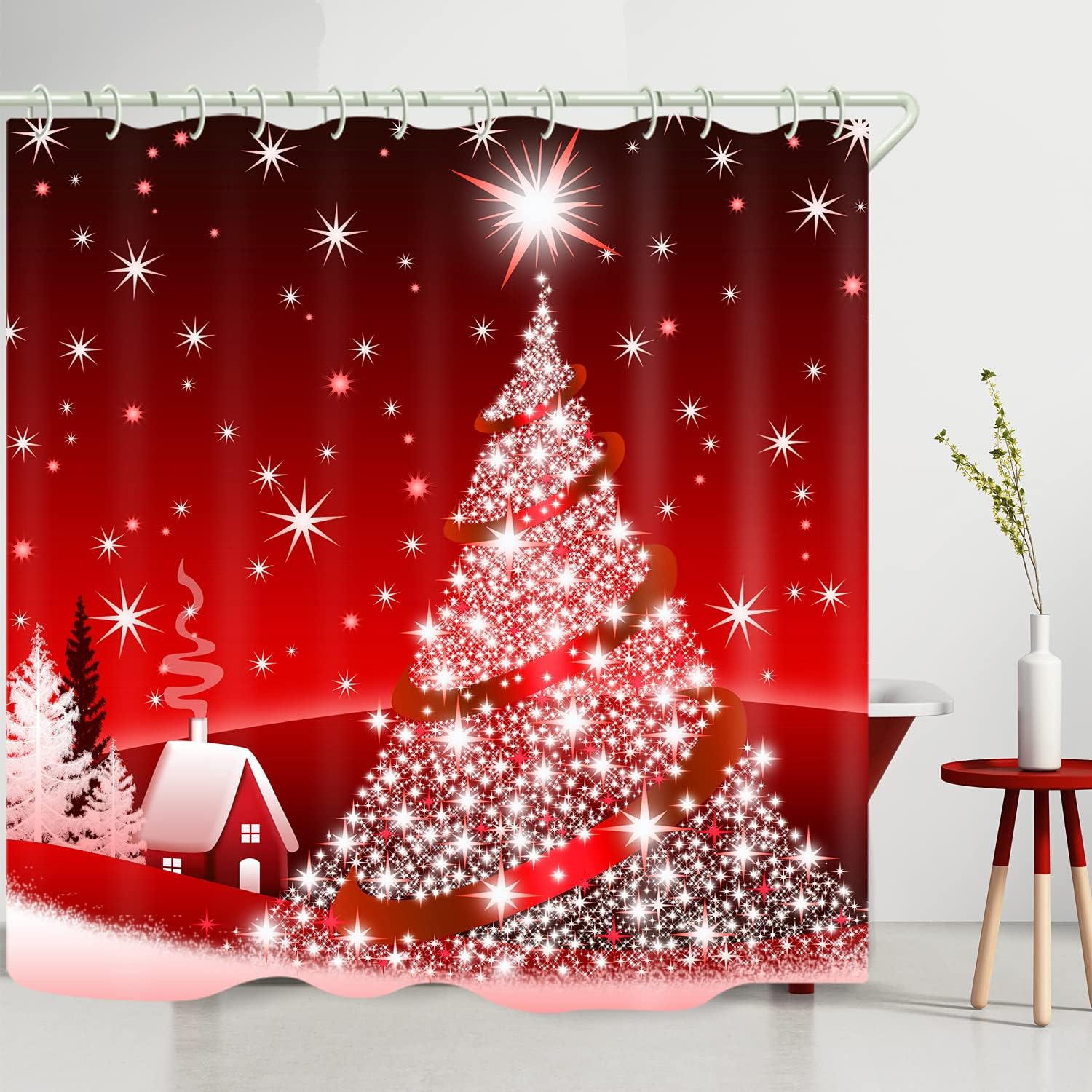 Christmas Village Shower Curtain with Red Art Print and White Star for Bathroom