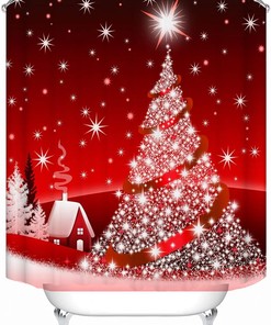 Christmas Village Shower Curtain with Red Art Print and White Star for Bathroom