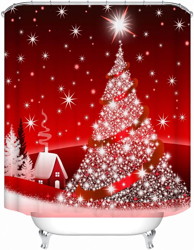 Christmas Village Shower Curtain with Red Art Print and White Star for Bathroom