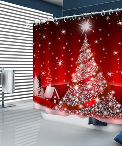 Christmas Village Shower Curtain with Red Art Print and White Star for Bathroom