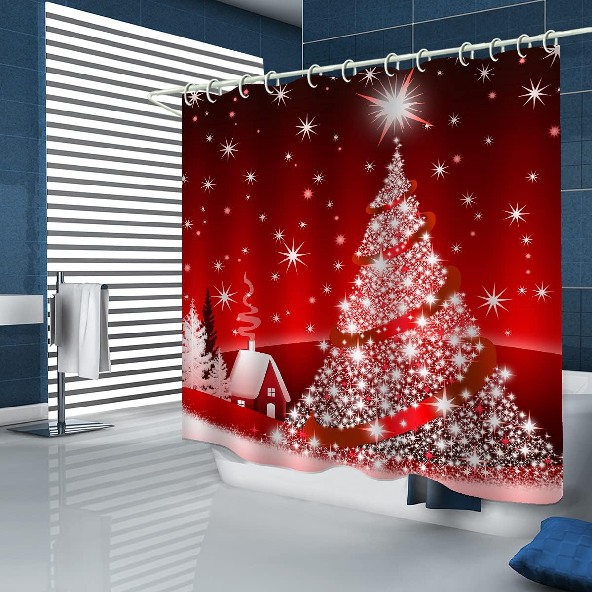 Christmas Village Shower Curtain with Red Art Print and White Star for Bathroom