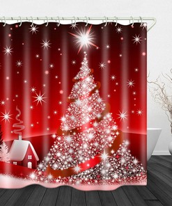 Christmas Village Shower Curtain with Red Art Print and White Star for Bathroom