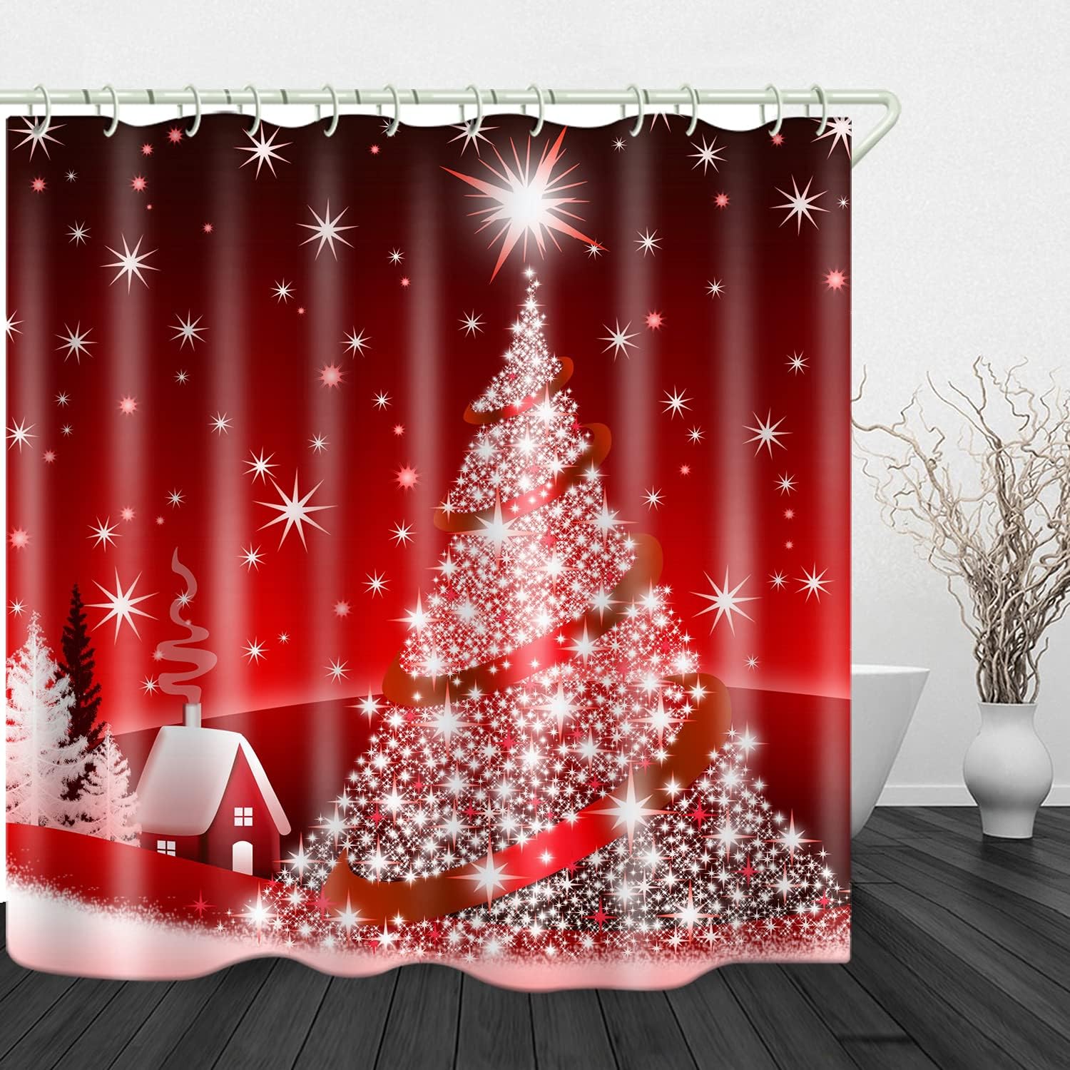 Christmas Village Shower Curtain with Red Art Print and White Star for Bathroom