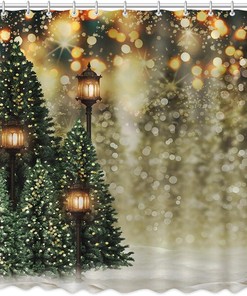 Christmas Winter Shower Curtain by MEHOFONDs - Snowflake Bokeh Pine Trees Bathroom