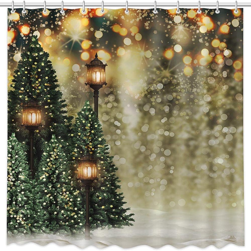 Christmas Winter Shower Curtain by MEHOFONDs - Snowflake Bokeh Pine Trees Bathroom