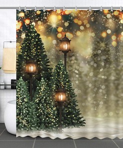 Christmas Winter Shower Curtain by MEHOFONDs - Snowflake Bokeh Pine Trees Bathroom