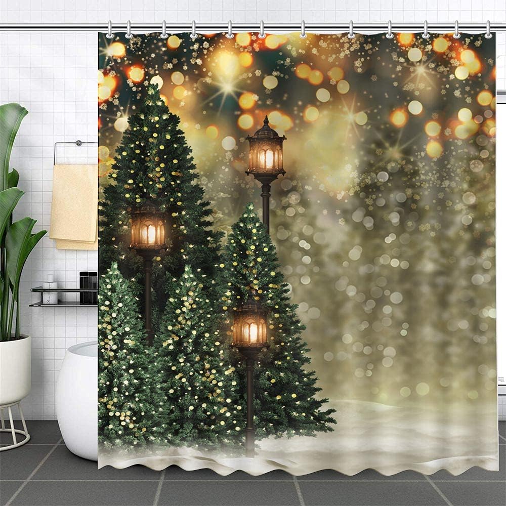 Christmas Winter Shower Curtain by MEHOFONDs - Snowflake Bokeh Pine Trees Bathroom