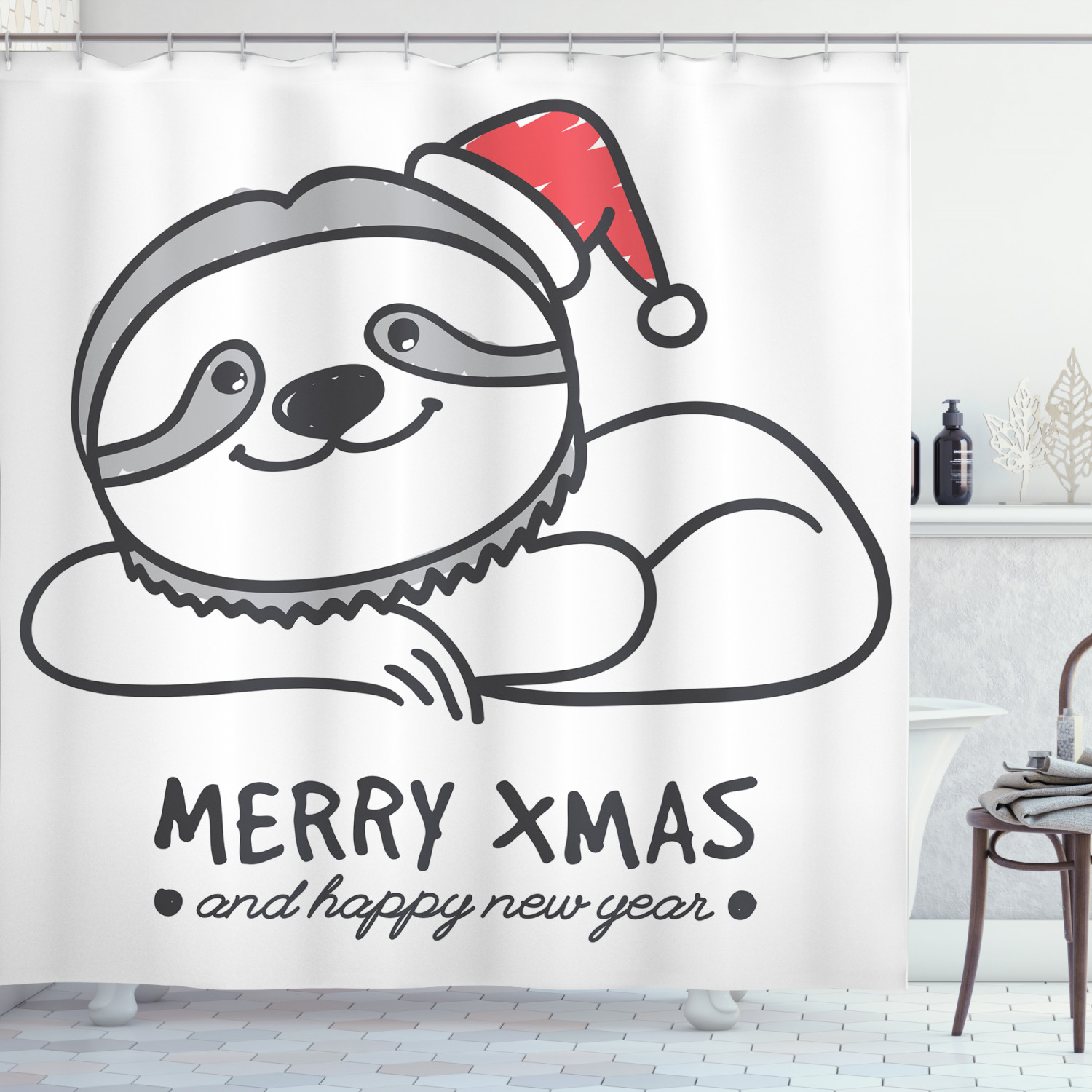 Christmas-themed Sloth Shower Curtain, Fun and Festive Bathroom Decor