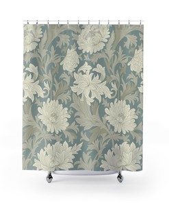 Chrysanthemum Grey Beige William Morris Shower Curtain - Artistic Antique Flower Bathroom Decor