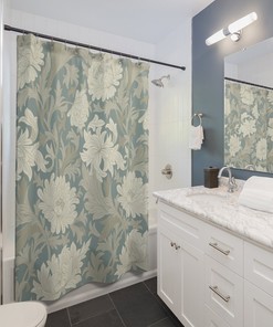 Chrysanthemum Grey Beige William Morris Shower Curtain - Artistic Antique Flower Bathroom Decor