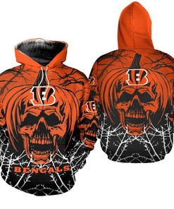 Cincinnati Bengals Halloween Pumpkin Skull Print All Over Print Zip Hoodie