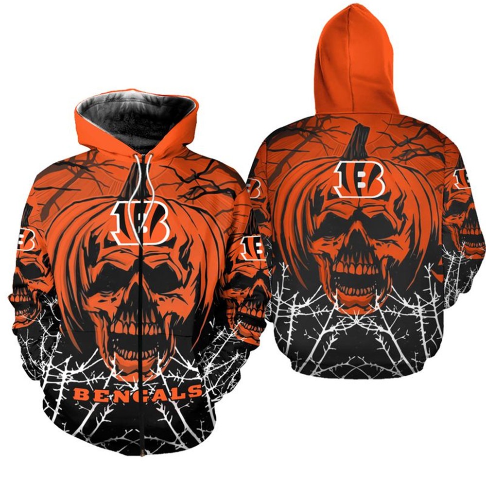 Cincinnati Bengals Halloween Pumpkin Skull Print All Over Print Zip Hoodie