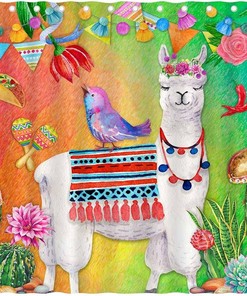 Cinco De Mayo Alpaca Llama Shower Curtain with Cactus and Taco for a Festive Bathroom