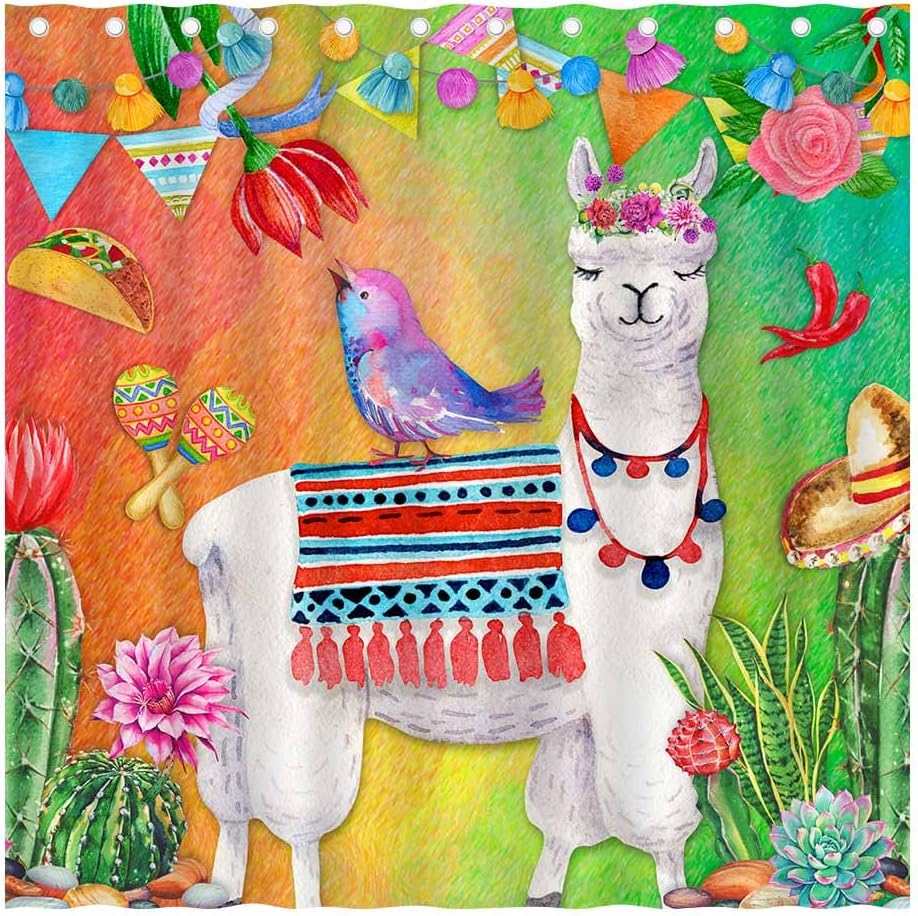 Cinco De Mayo Alpaca Llama Shower Curtain with Cactus and Taco for a Festive Bathroom