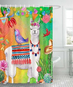 Cinco De Mayo Alpaca Llama Shower Curtain with Cactus and Taco for a Festive Bathroom
