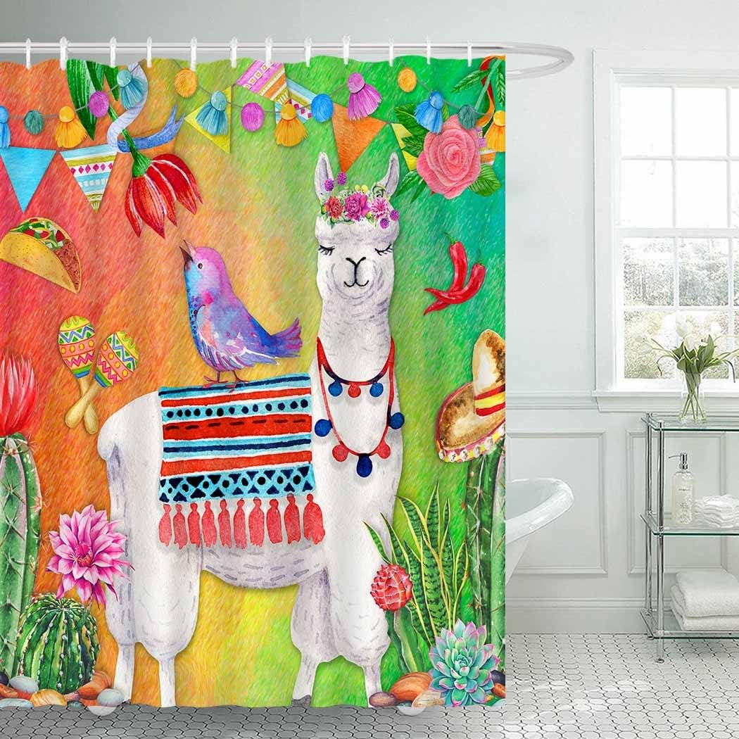 Cinco De Mayo Alpaca Llama Shower Curtain with Cactus and Taco for a Festive Bathroom