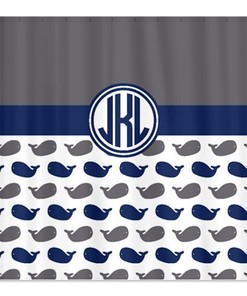 Circle Monogram Navy Blue Whale Shower Curtain for Custom Bathroom Decor