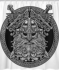Circle Norse God Odin With Wolf And Swords Graphic Shower Curtain With Celtic Viking Warrior Pattern