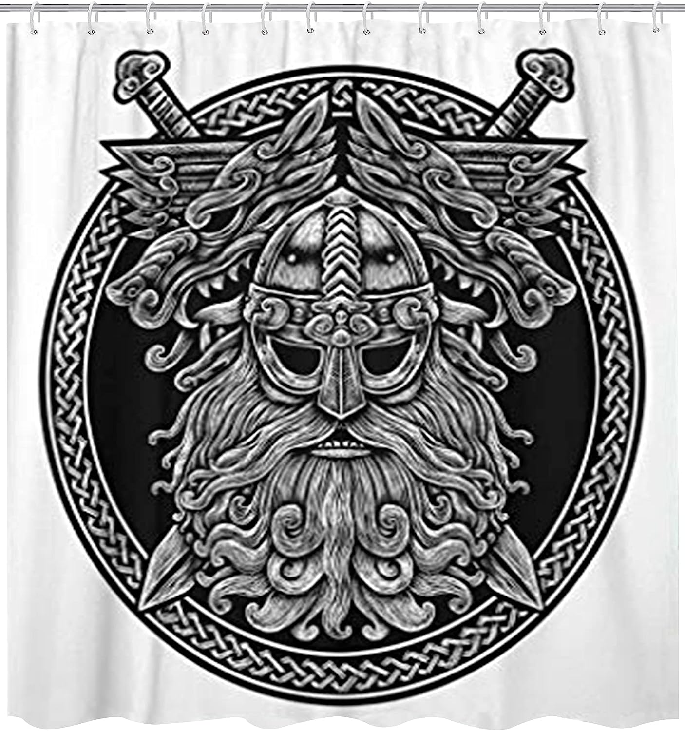 Circle Norse God Odin With Wolf And Swords Graphic Shower Curtain With Celtic Viking Warrior Pattern