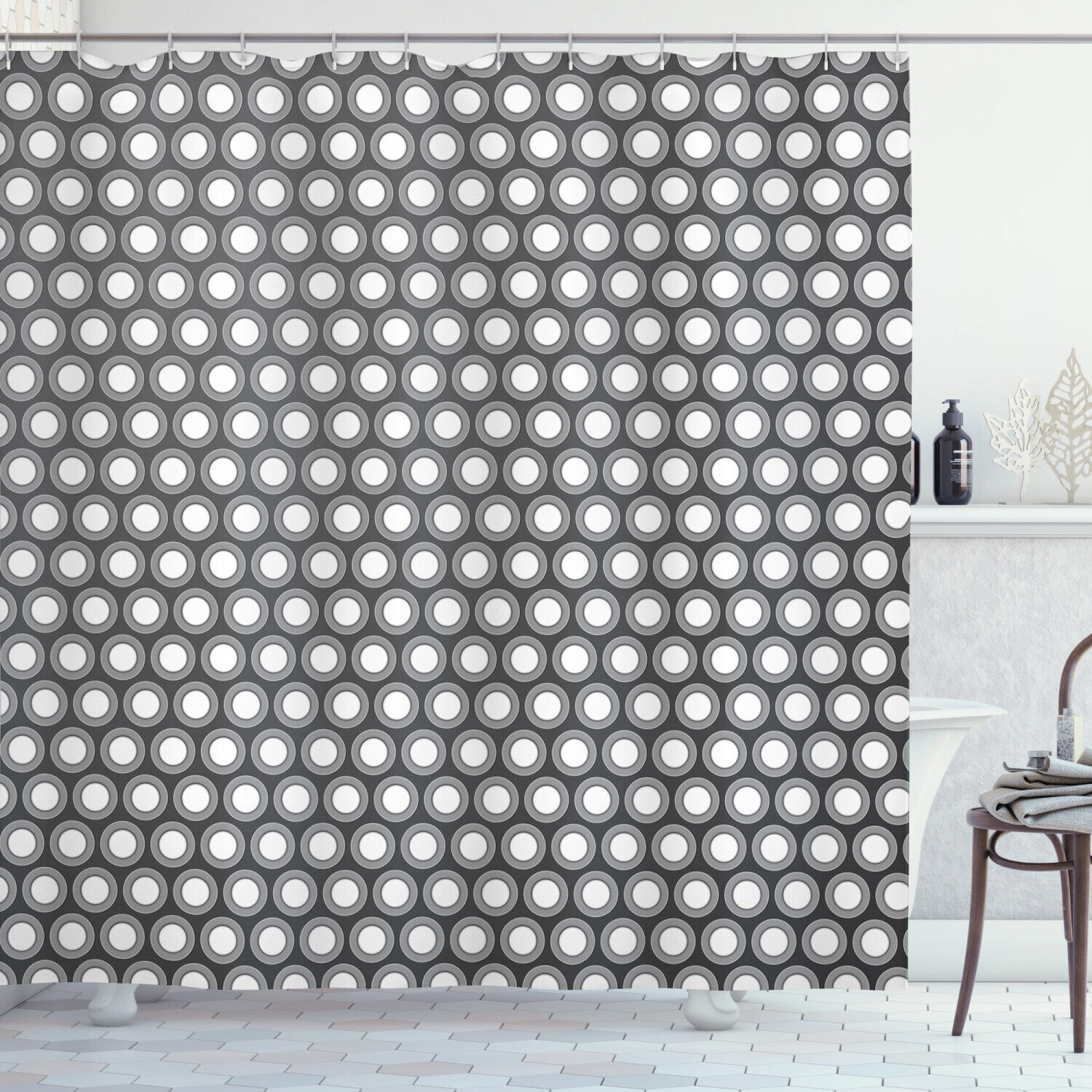 Circular Disc Forms Geometric Pattern Shower Curtain For Modern Bathroom Decor