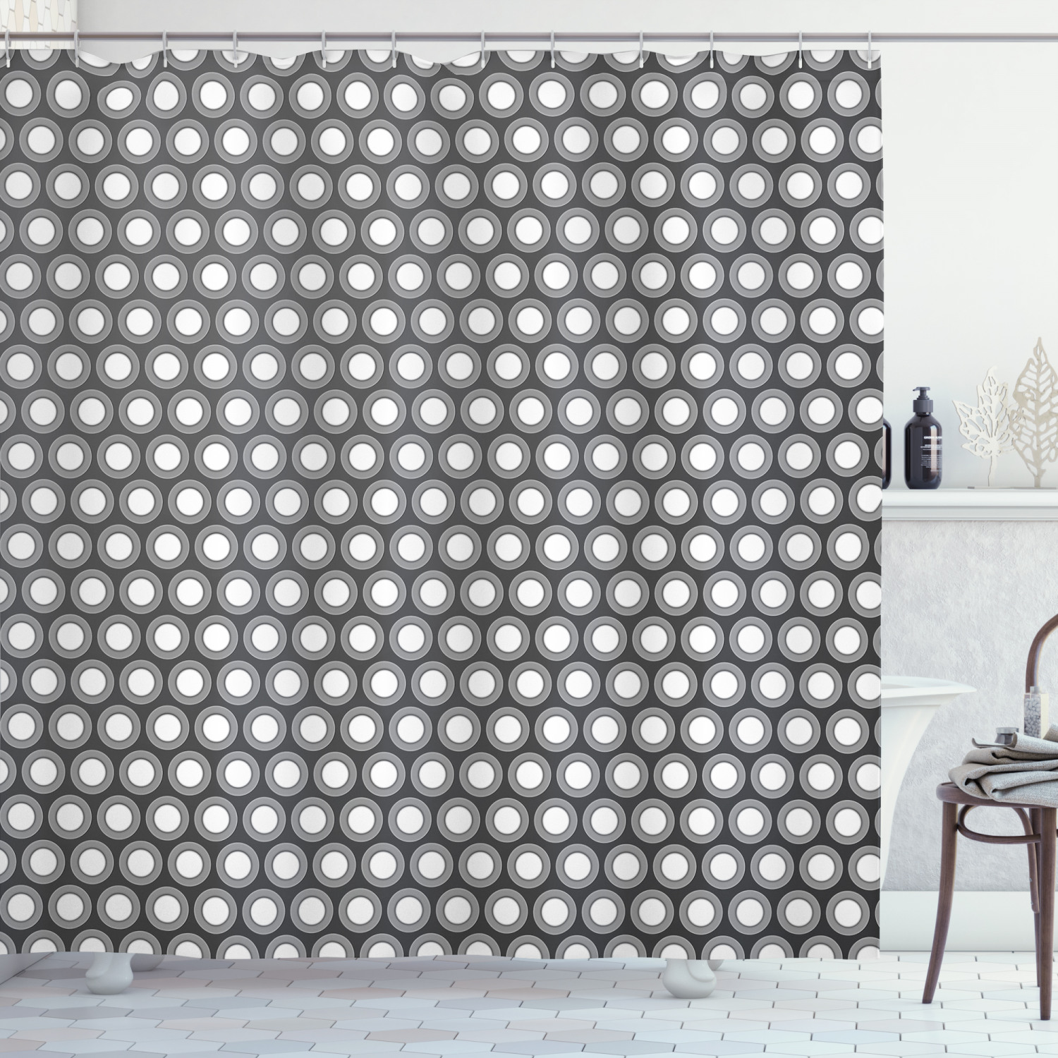 Circular Disc Forms Geometric Pattern Shower Curtain For Modern Bathroom Decor
