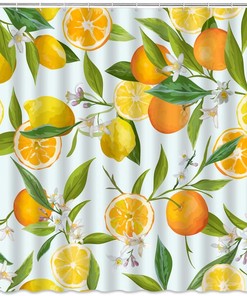 Citrus Floral Print Shower Curtain with Lemon and Flower Design for Bathroom Decor